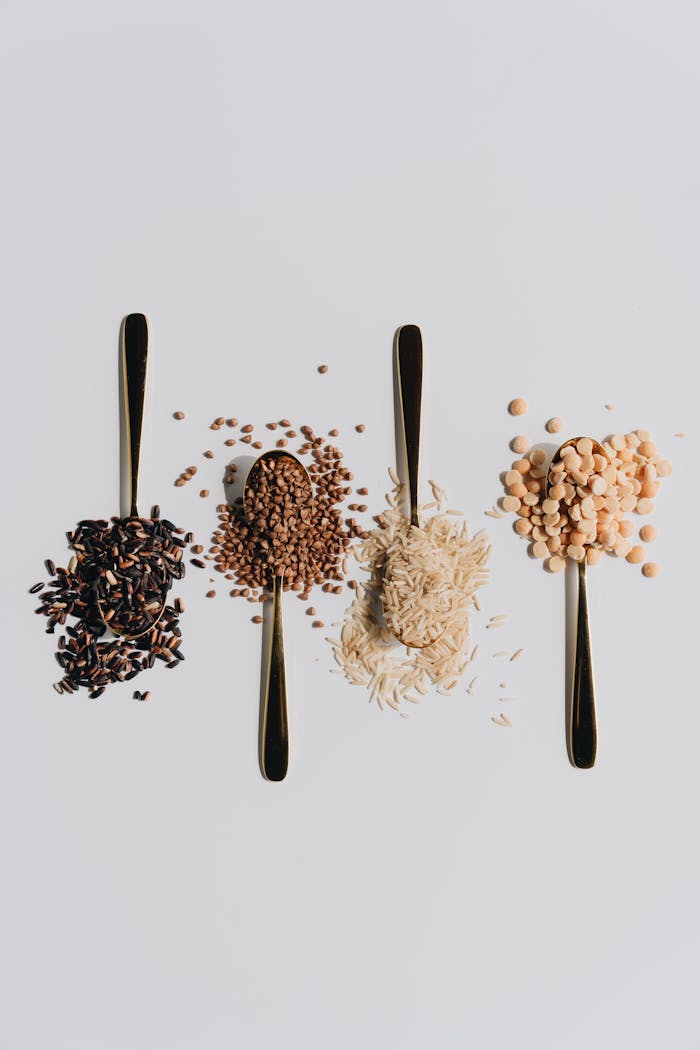 Flat lay of various grains on spoons on a white background, artistic and minimal.